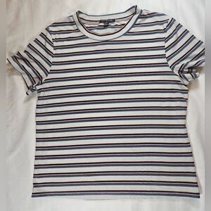 Over Kleshas Womens Off White Multicolored Striped Short Sleeve Top Size Large